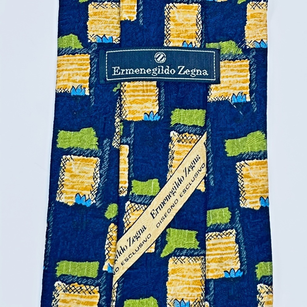 Ermenegildo Zegna Diseono Esclusivo Silk Mens Necktie Navy Geometric Italy *Flaw - Picture 9 of 11